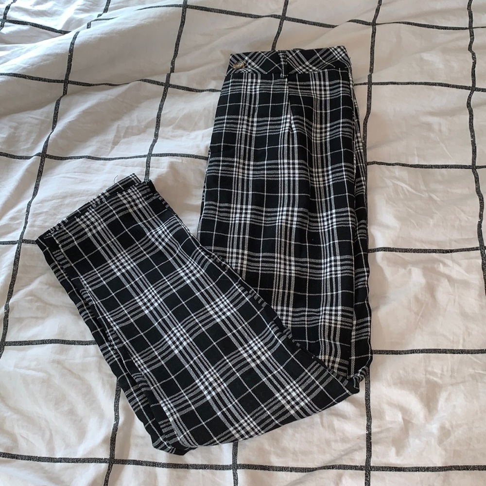 Black and white plaid trousers